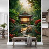 Low console area styled with Zen Garden Retreat Wall Mural in a modern interior, GD8930