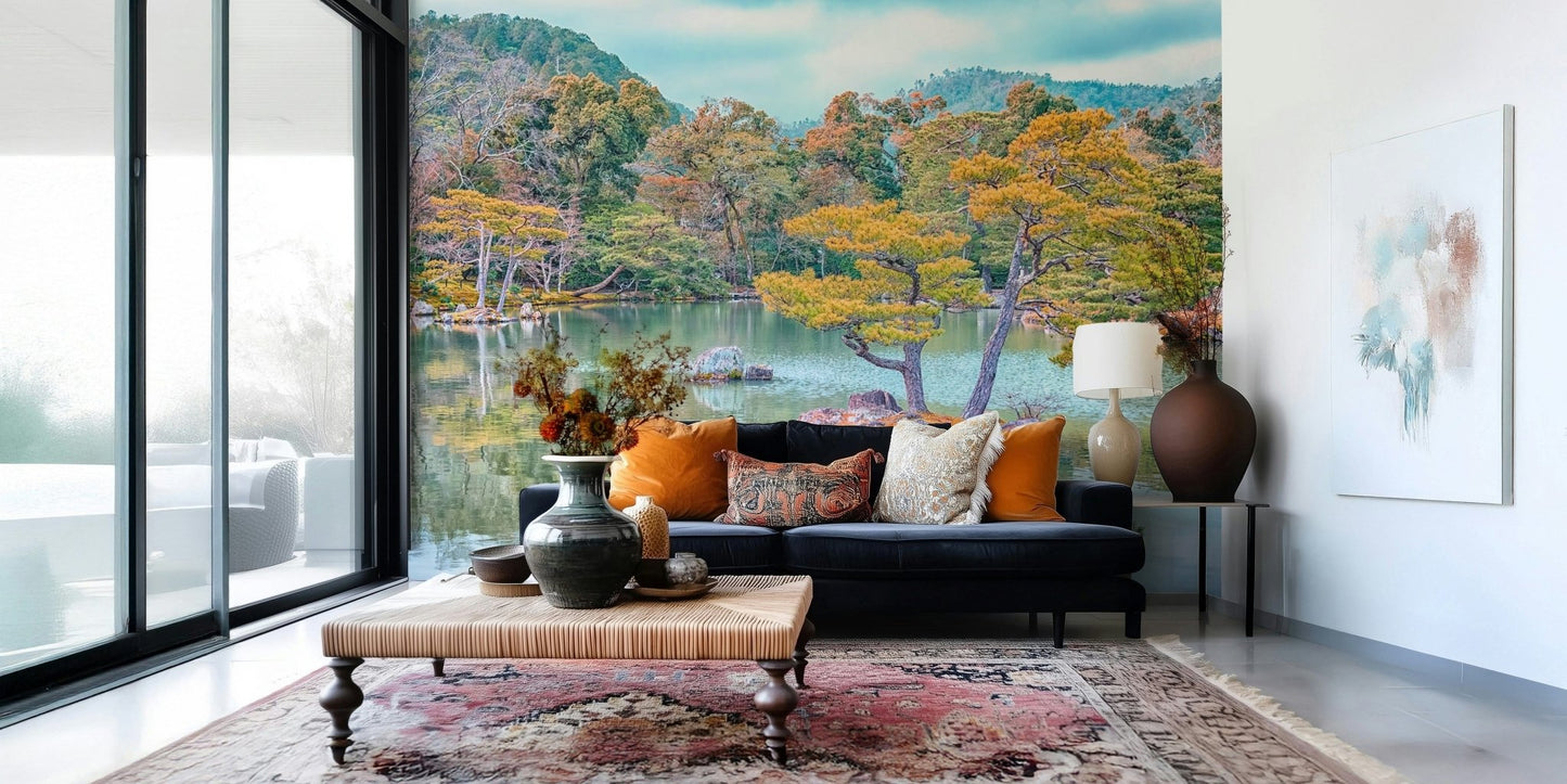 Modern lounge styled with Zen Garden Serenity Wall Mural and quiet garden water