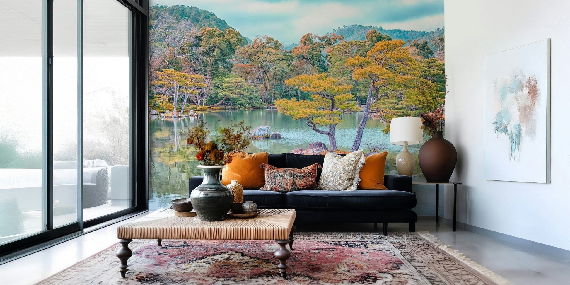 Modern lounge styled with Zen Garden Serenity Wall Mural and quiet garden water