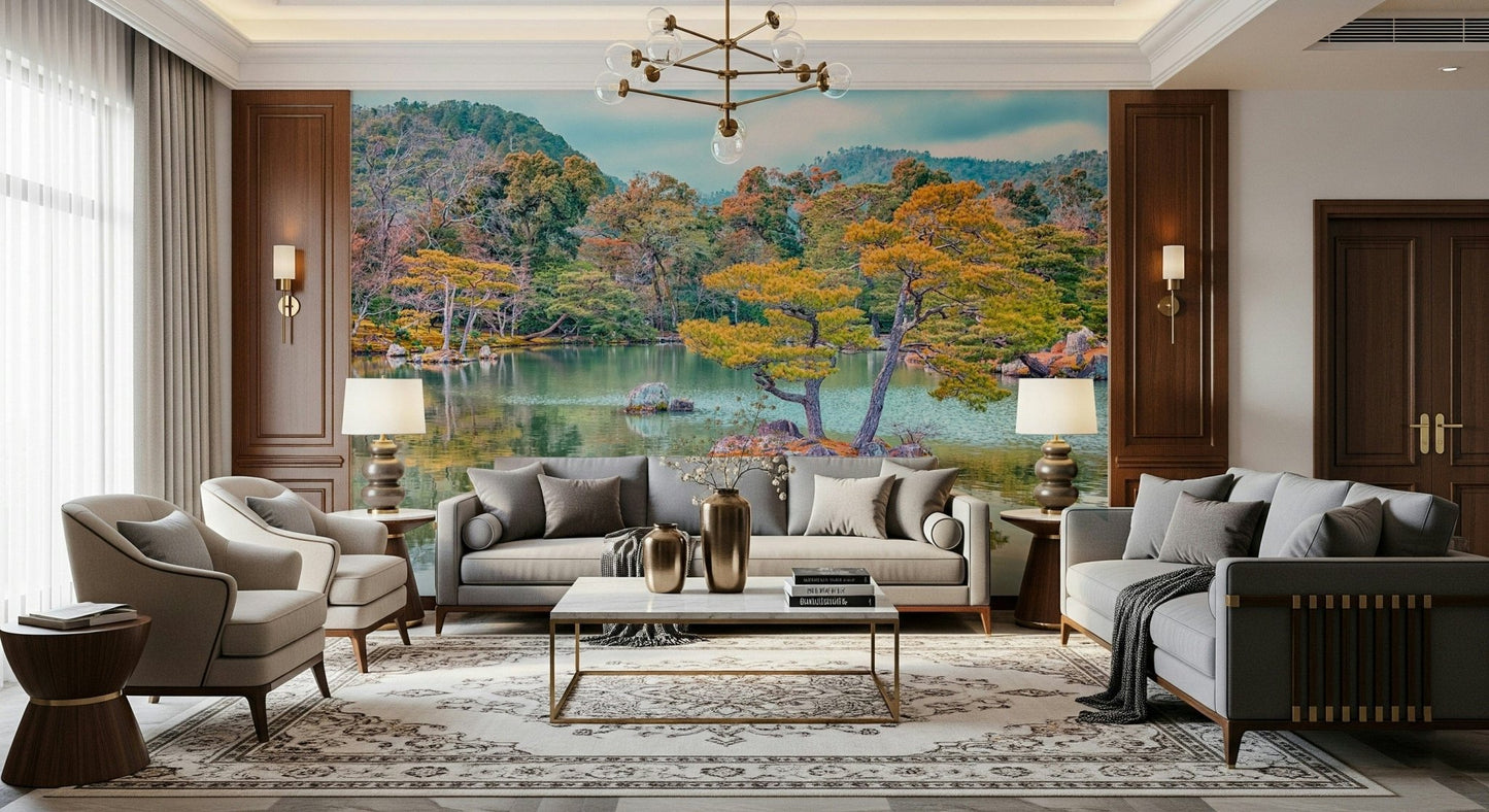 Warm sitting area framed by Zen Garden Serenity Wall Mural and tranquil water tones