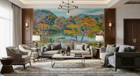 Warm sitting area framed by Zen Garden Serenity Wall Mural and tranquil water tones