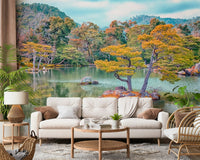 Zen Garden Serenity Wall Mural softens a sofa wall with pines and mirrored water