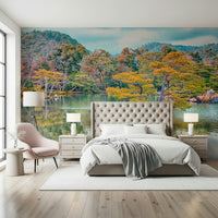 Zen Garden Serenity Wall Mural adds a peaceful landscape behind a soft bed setup