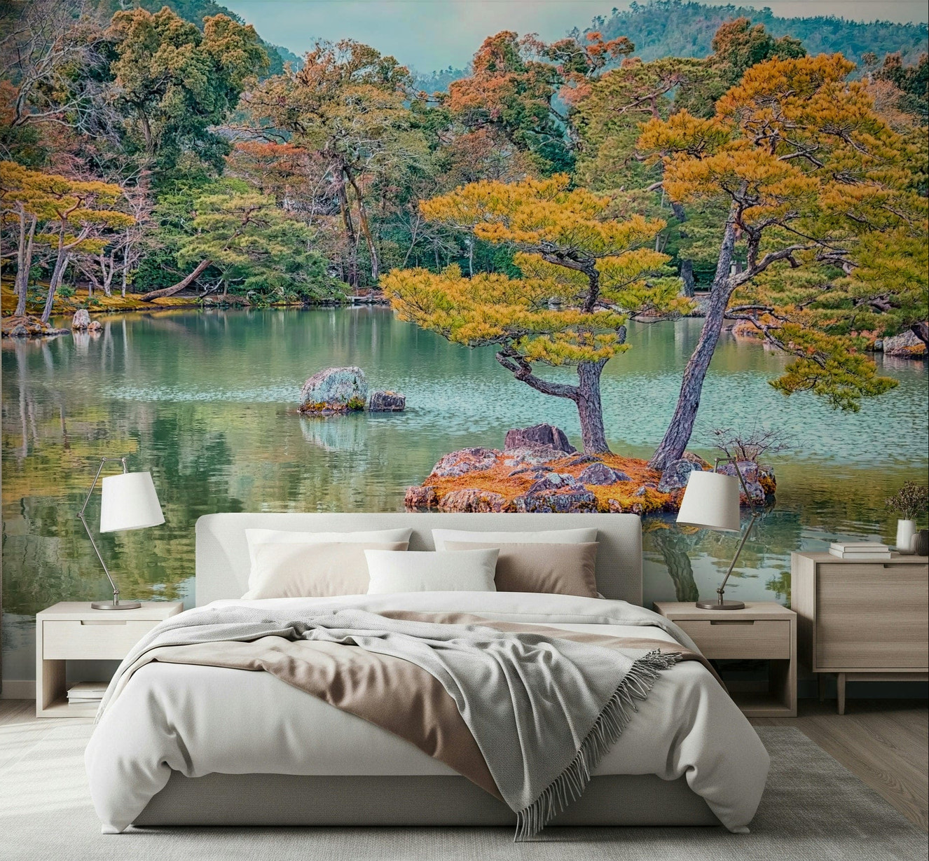 Zen Garden Serenity Wall Mural creates a calm bedroom with reflective lake scenery