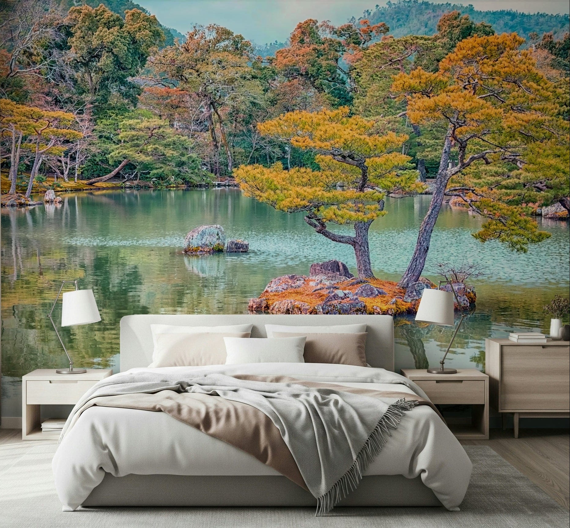 Zen Garden Serenity Wall Mural creates a calm bedroom with reflective lake scenery