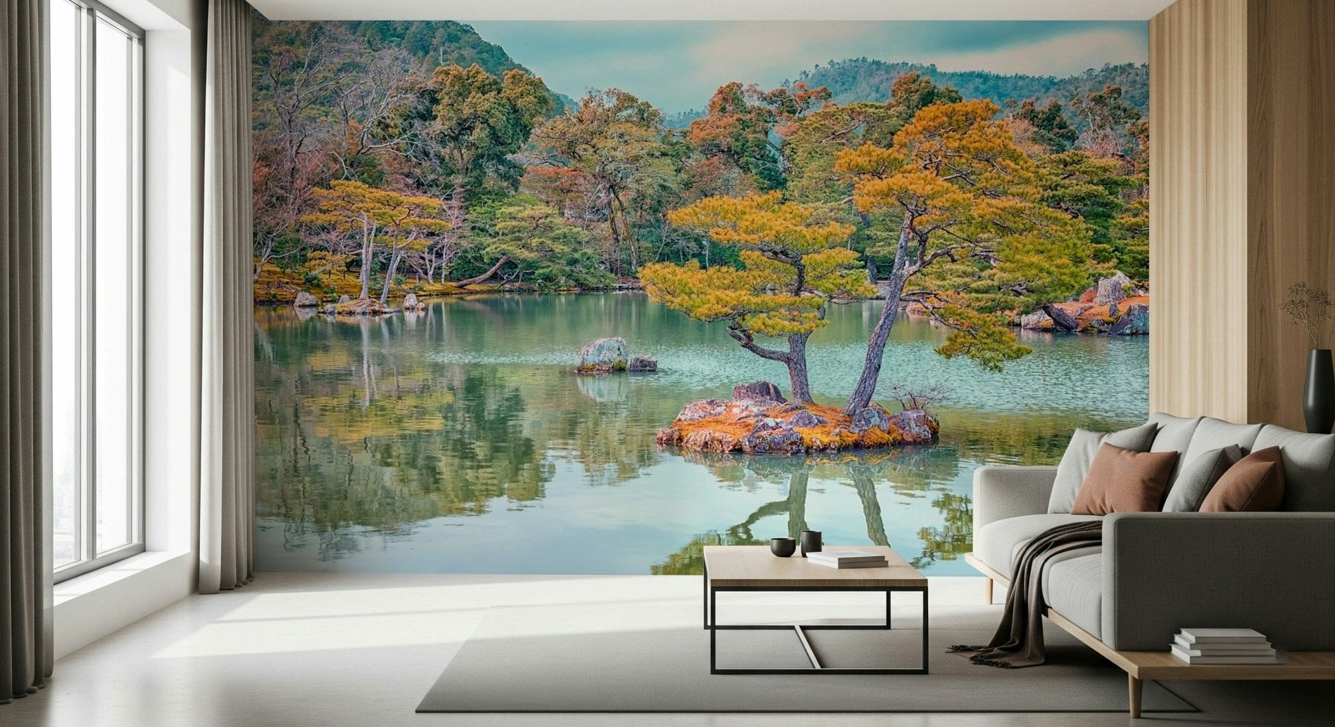 Zen Garden Serenity Wall Mural adds restful lakeside character to a modern room