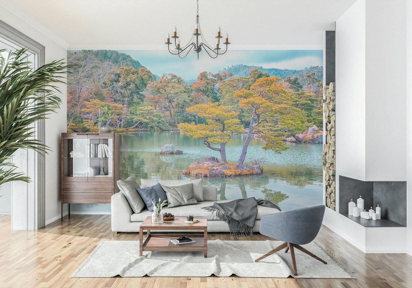 Bright living room featuring Zen Garden Serenity Wall Mural and still lake views