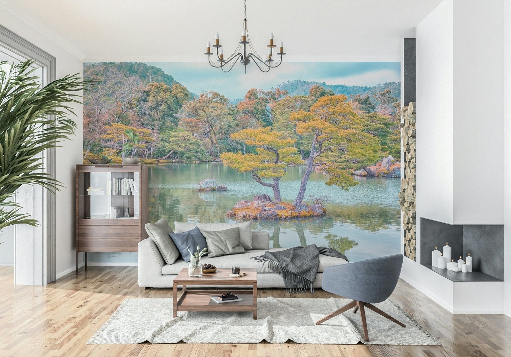 Bright living room featuring Zen Garden Serenity Wall Mural and still lake views