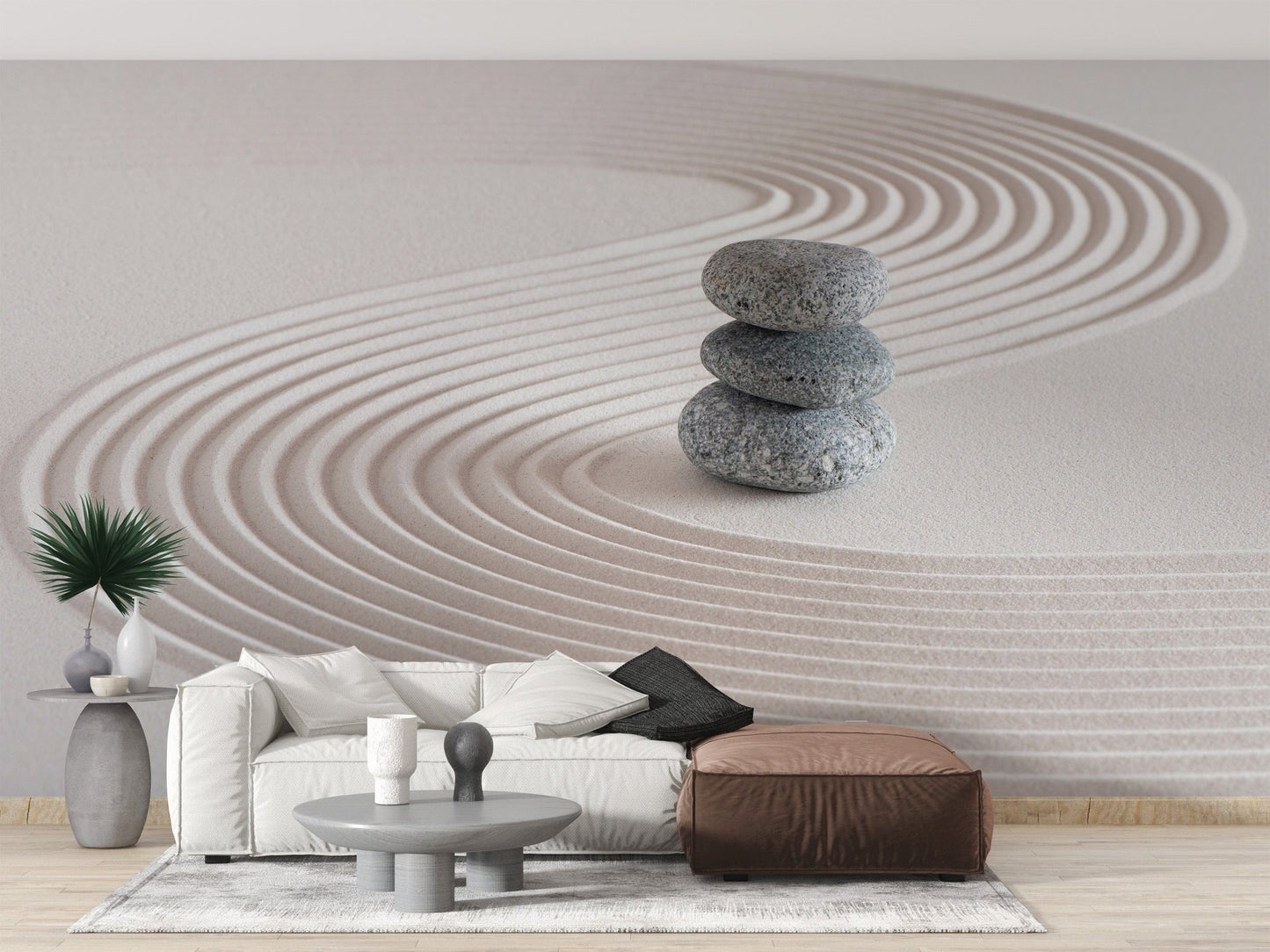 Zen garden mural with stacked stones, B369