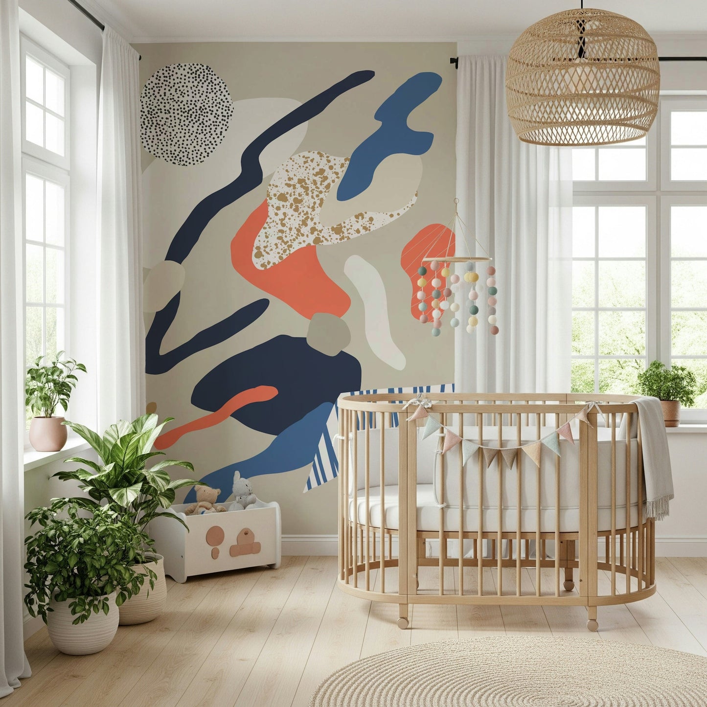 A graceful subtle wave wall mural in cool, natural tones., GD5358