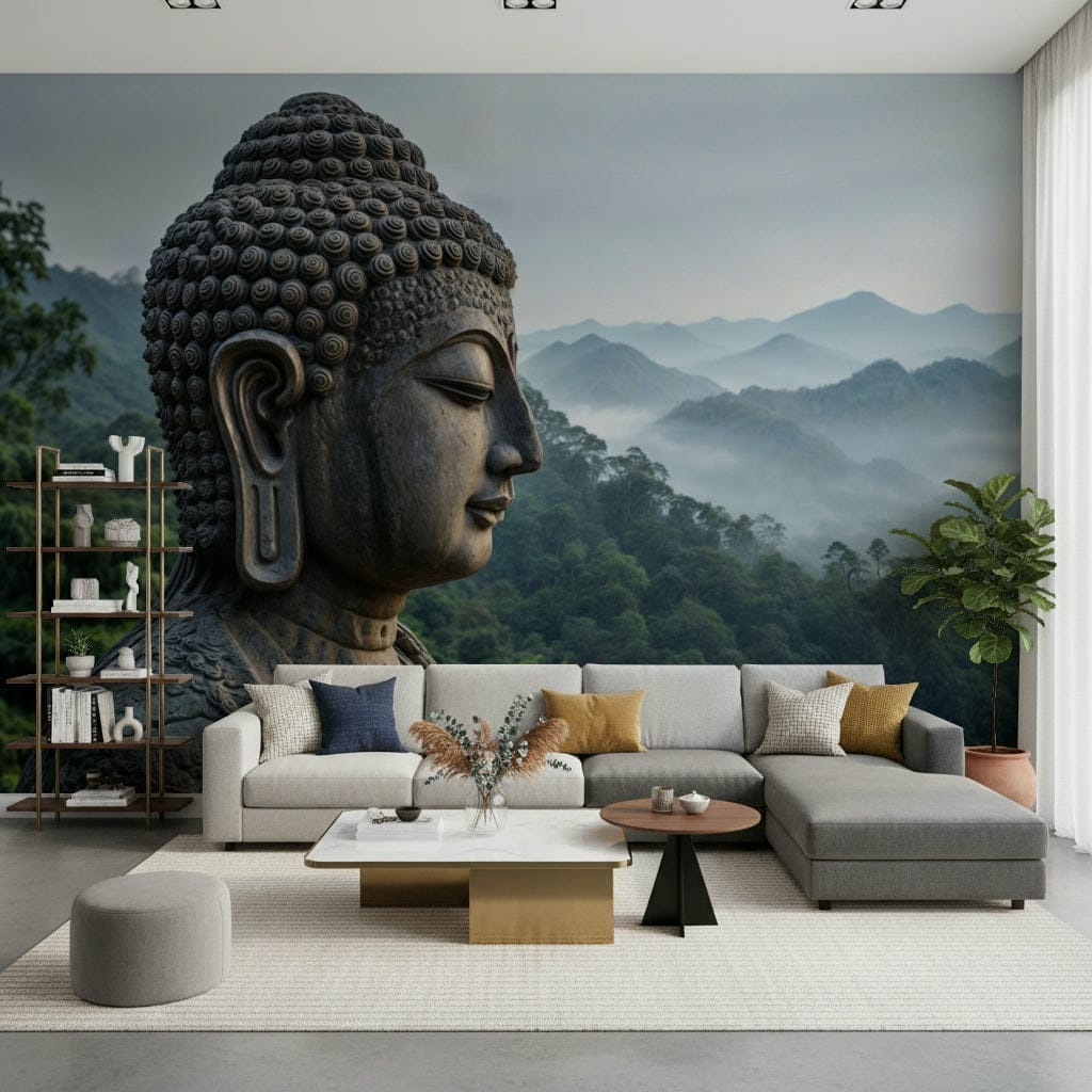 Spiritual Buddha statue with misty mountain background wallpaper mural