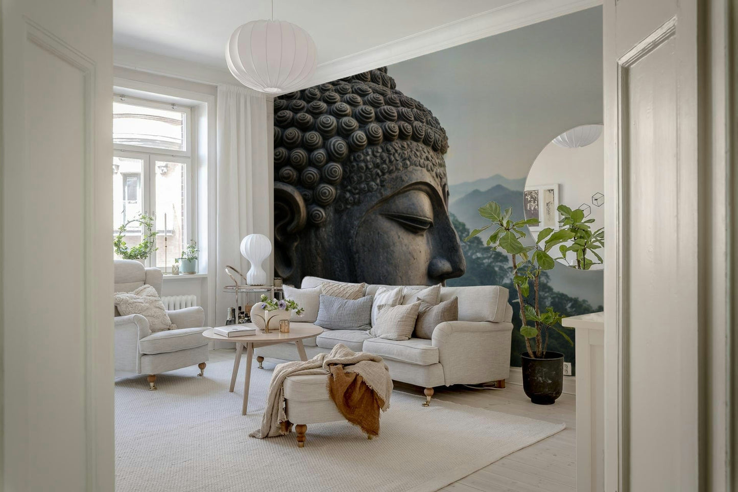 Zenith Buddha Vista Wall Mural with soft grey mountain peaks wallpaper mural
