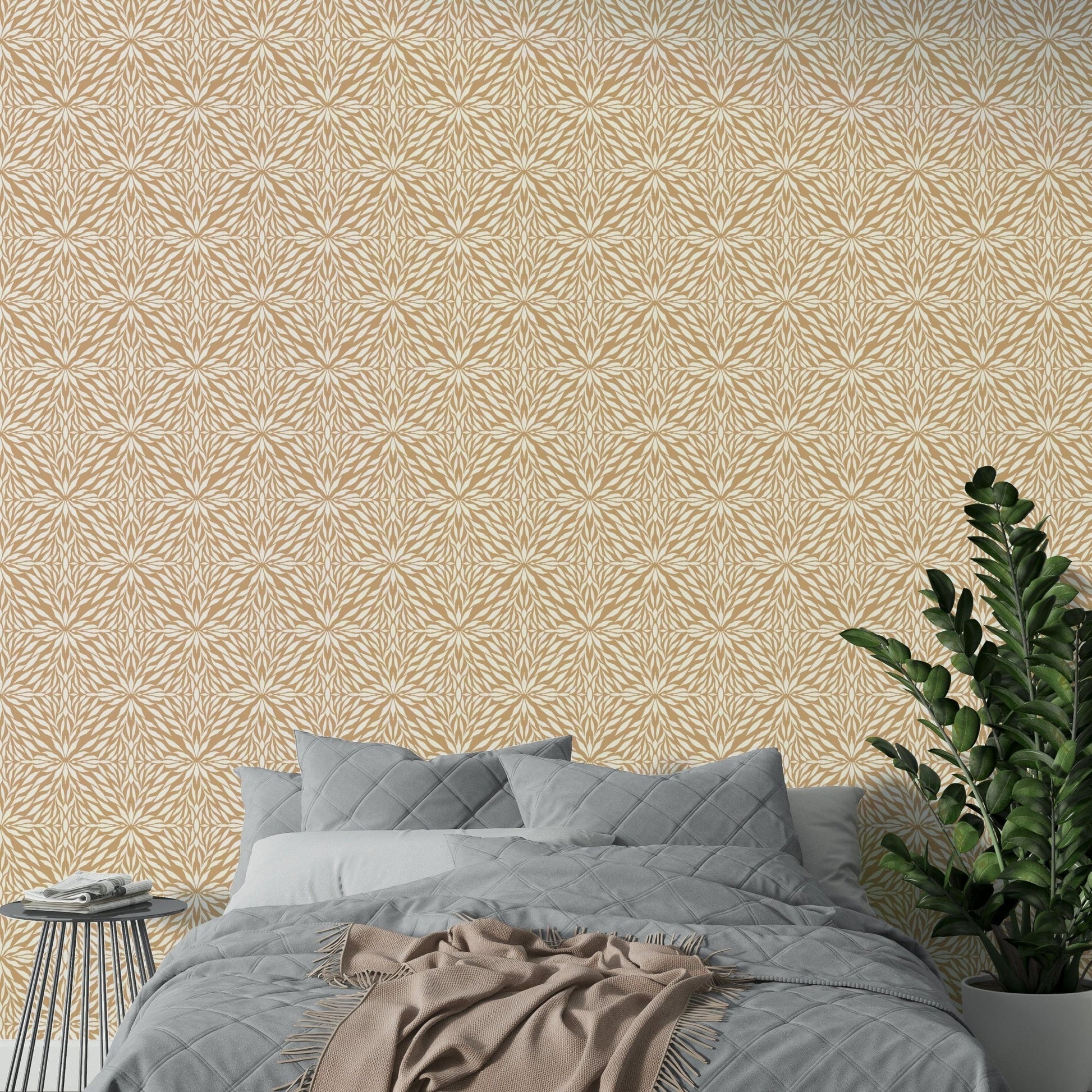 Hand-drawn leaves wallpaper in clay color

