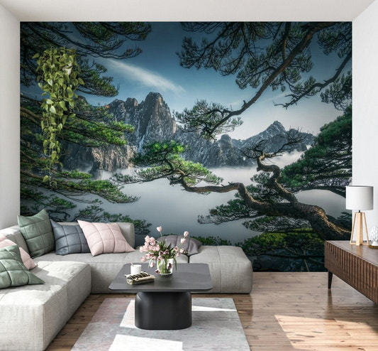Living room backdrop featuring Zenith Peak mural and layered mountain scenery