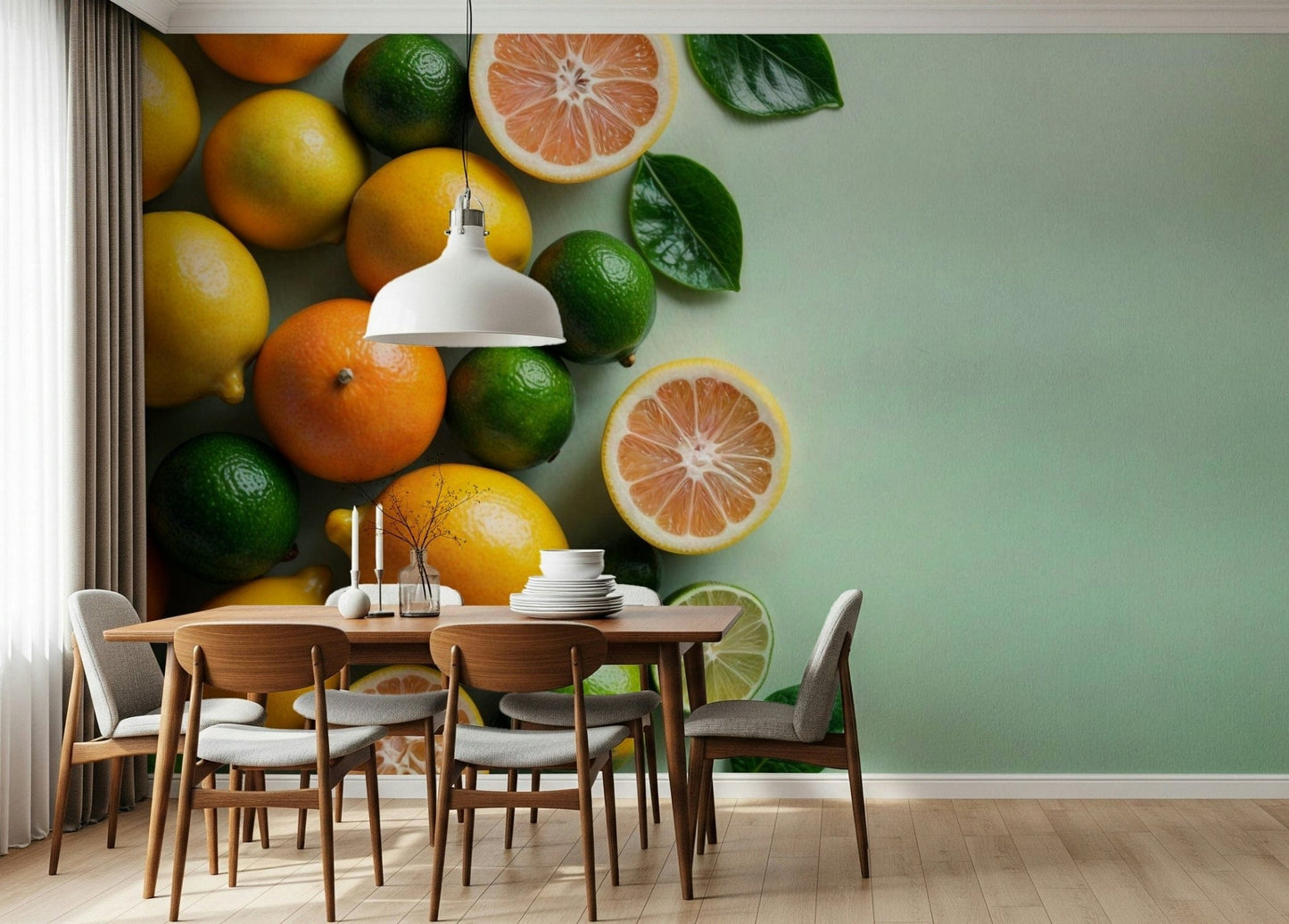 Citrus fruit wall mural featuring water splashes in a fresh cafe.