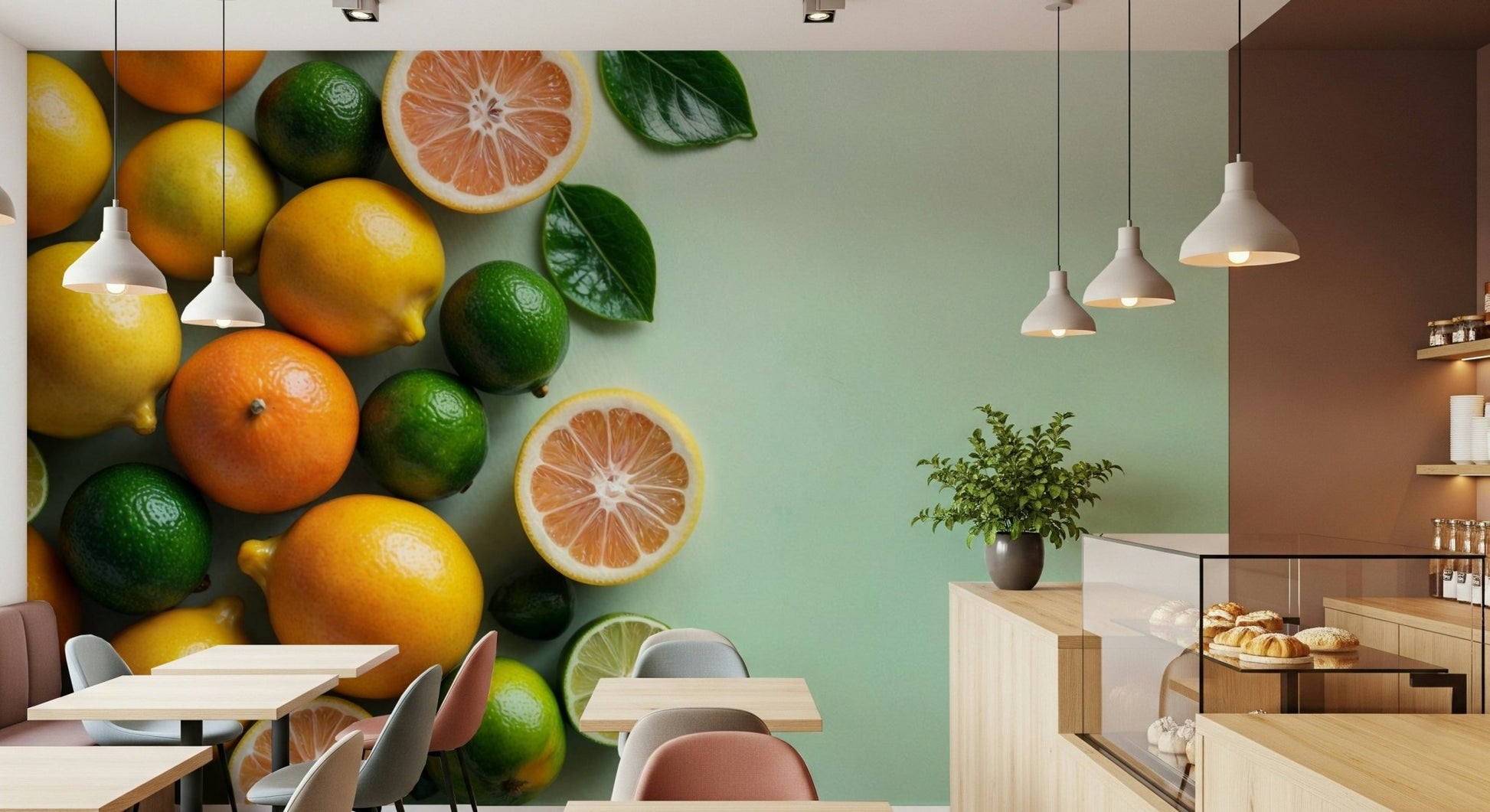Zesty Citrus Splash wall mural in a modern kitchen with white cabinets.