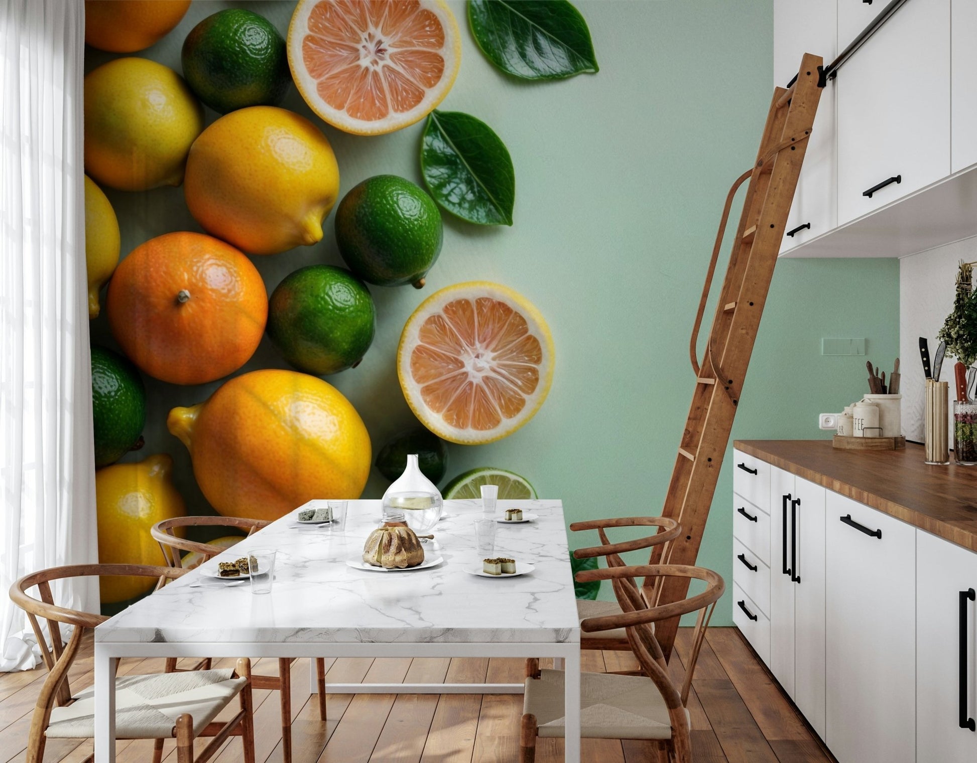 Colourful lime and lemon wall mural for a minimalist pantry space.