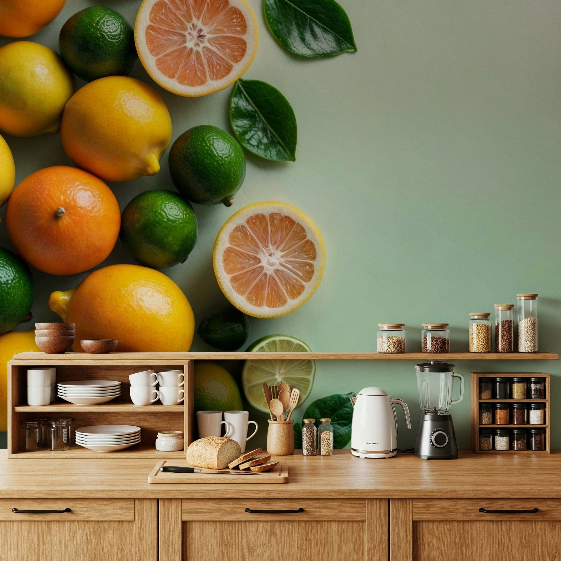 Yellow and green citrus wall mural for a cheerful guest room.