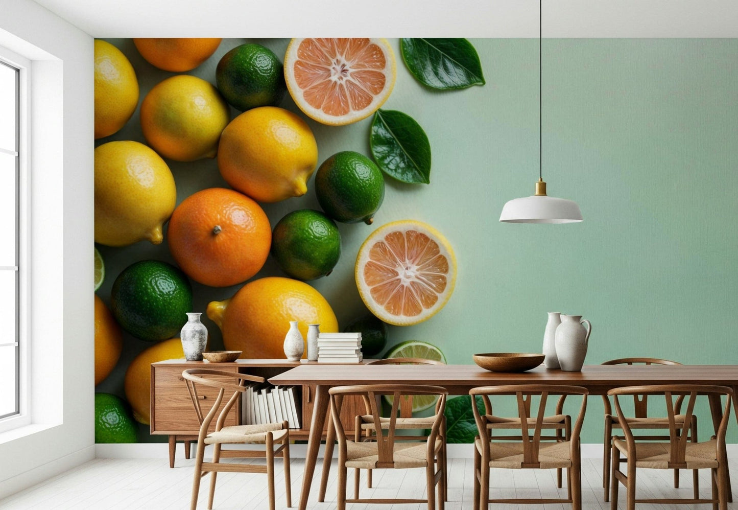 Zesty Citrus Splash wallpaper for a contemporary breakfast nook.