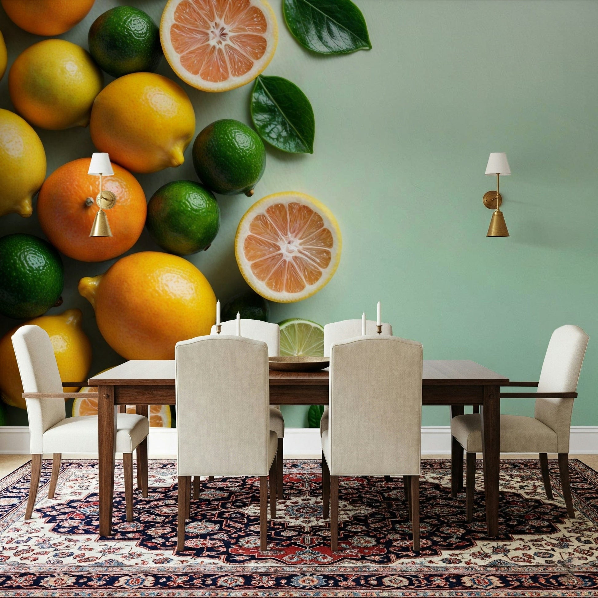 Zesty Citrus Splash wall mural in a sunlit apartment living area.