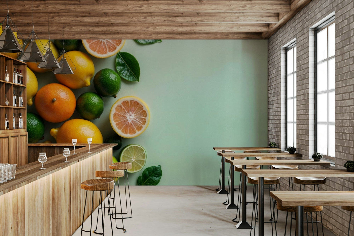 Zesty Citrus Splash wallpaper in a trendy flat with wooden decor.