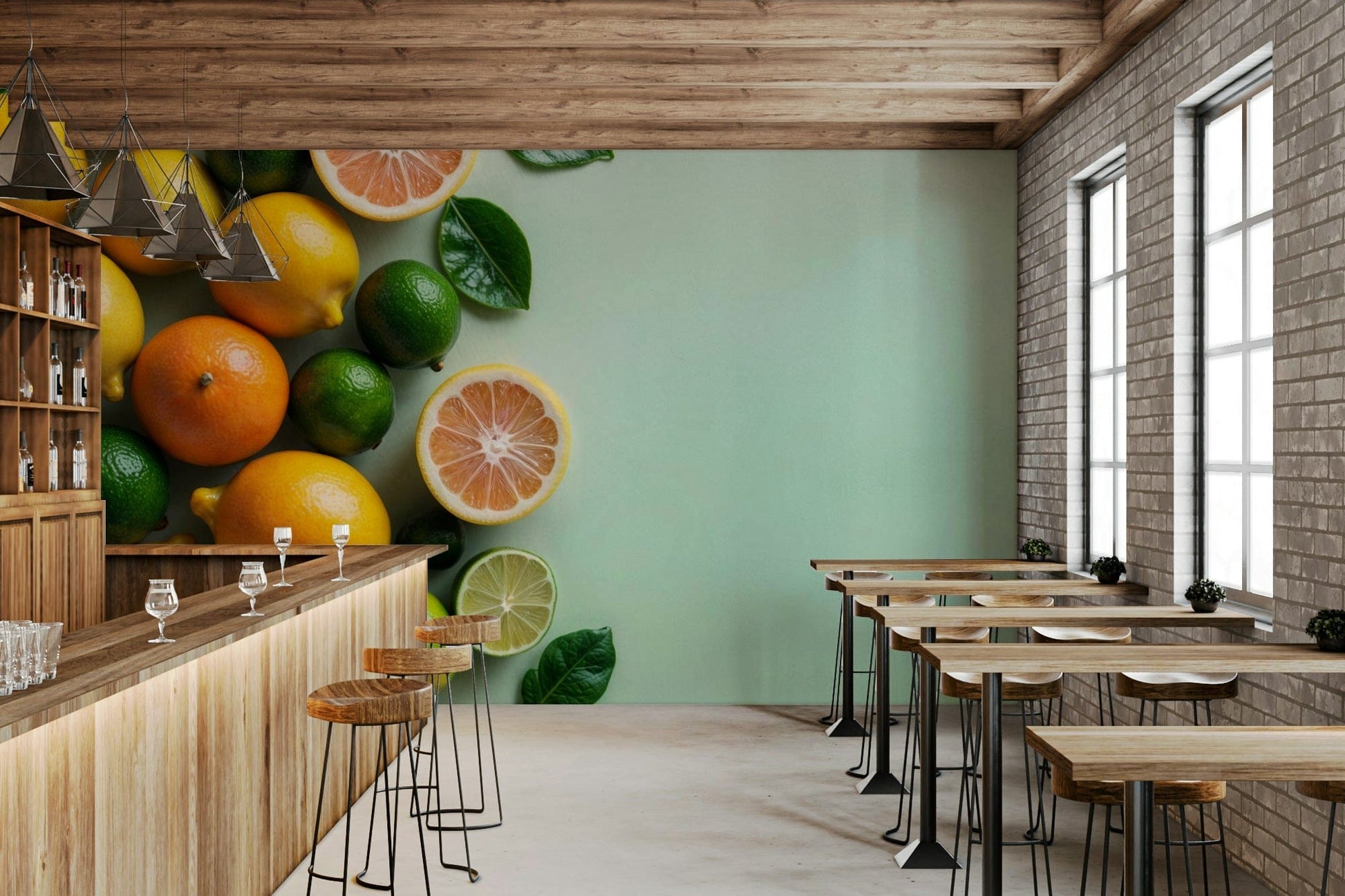 Zesty Citrus Splash wallpaper in a trendy flat with wooden decor.