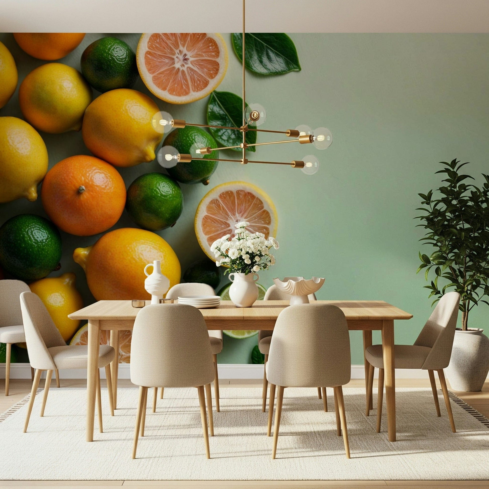 Vibrant orange and lemon wallpaper for a bright dining area wall.