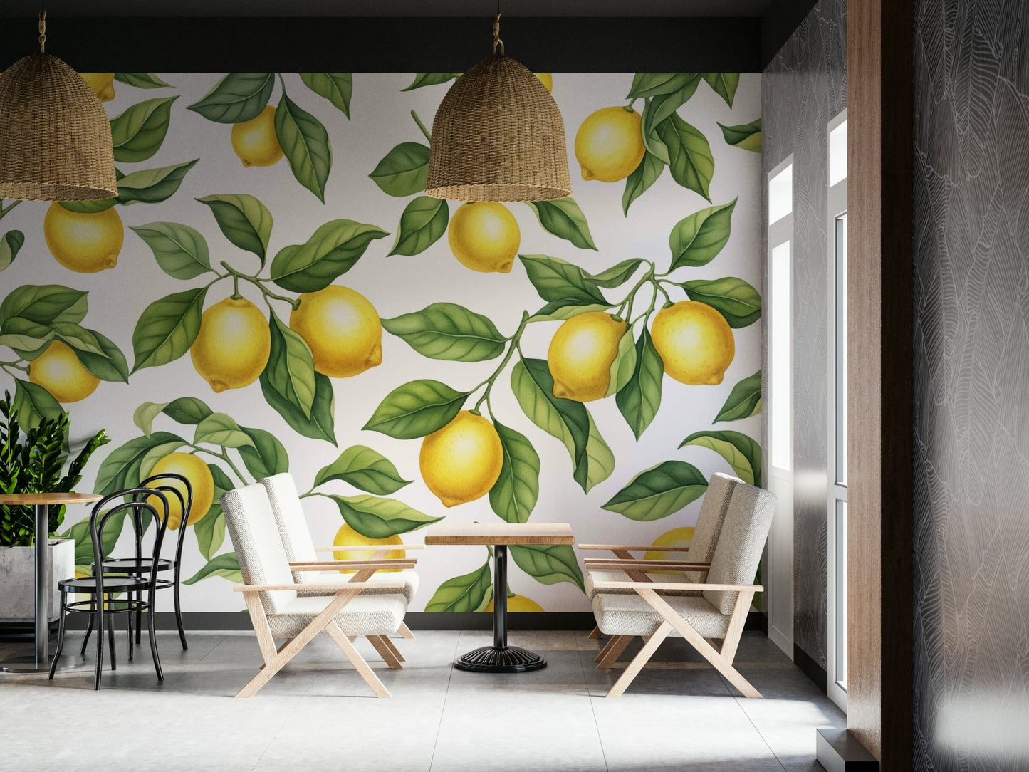 This wallpaper is suitable for a kitchen, dining room, or a sunroom.
