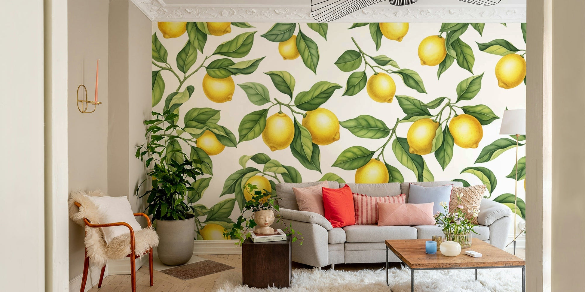 A full-wall mural showing a bright, repeating pattern of lemons.
