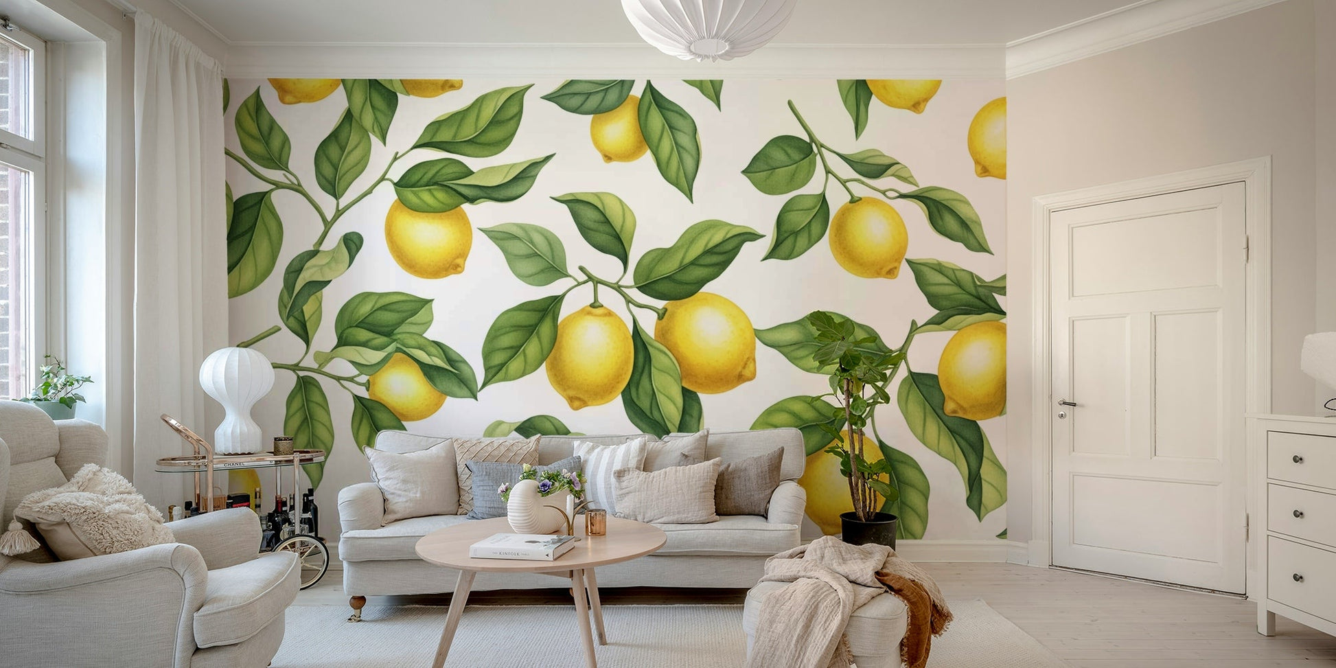 The image features ripe yellow lemons on branches with green leaves.
