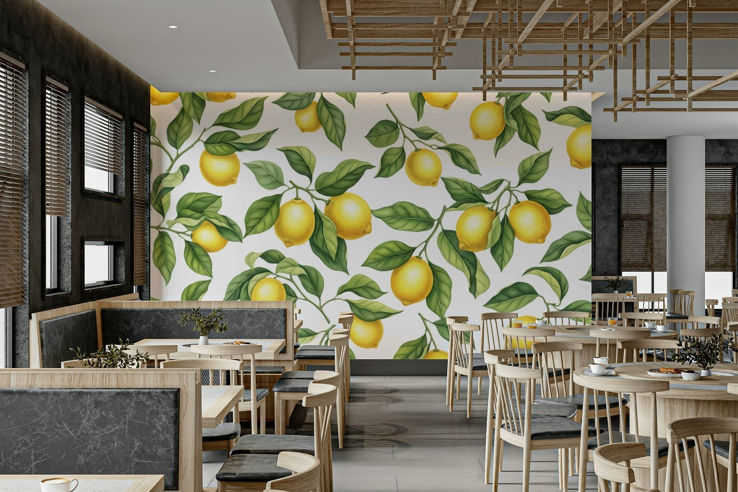 The mural is created for an entire wall, providing a lively backdrop.
