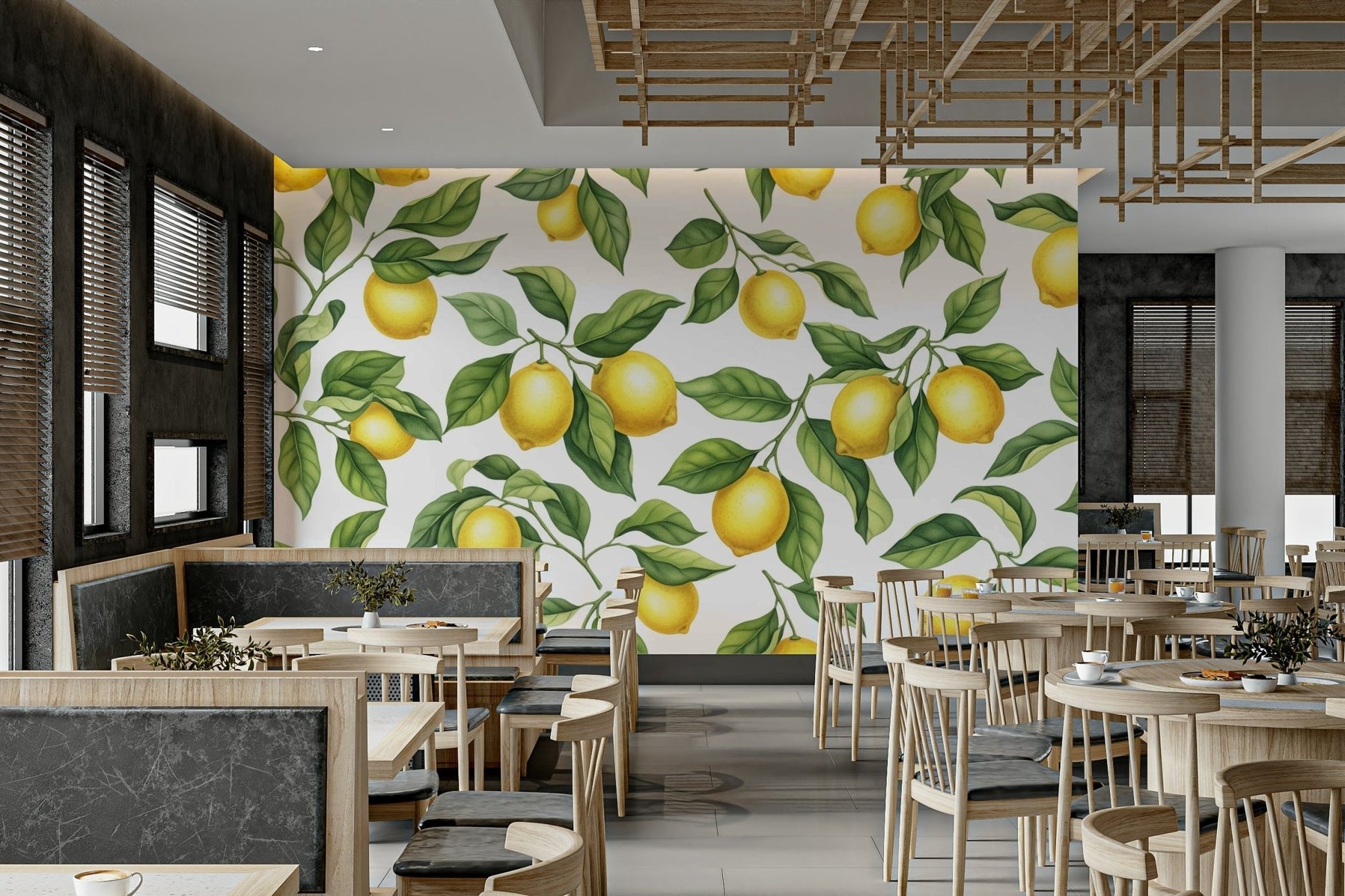 The mural is created for an entire wall, providing a lively backdrop.
