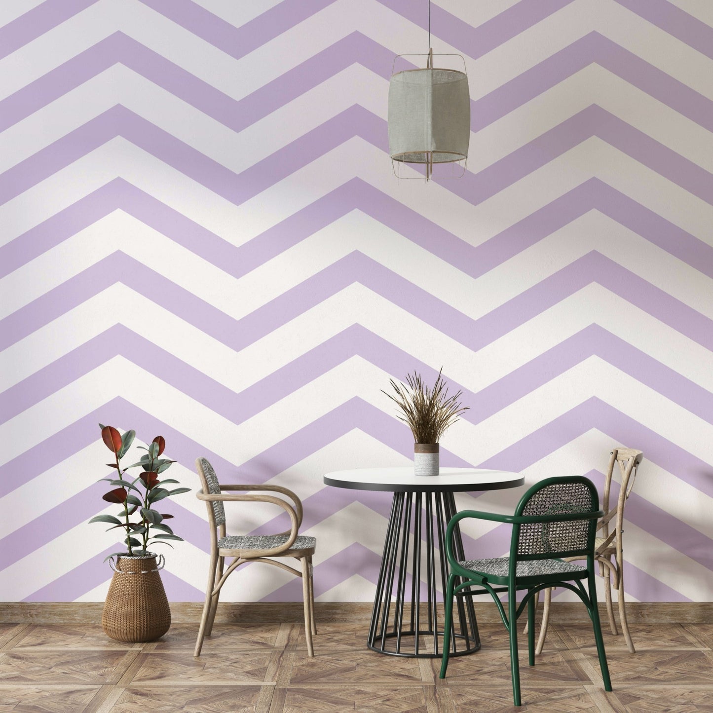 Lilac wallpaper mural with wavy zigzag design

