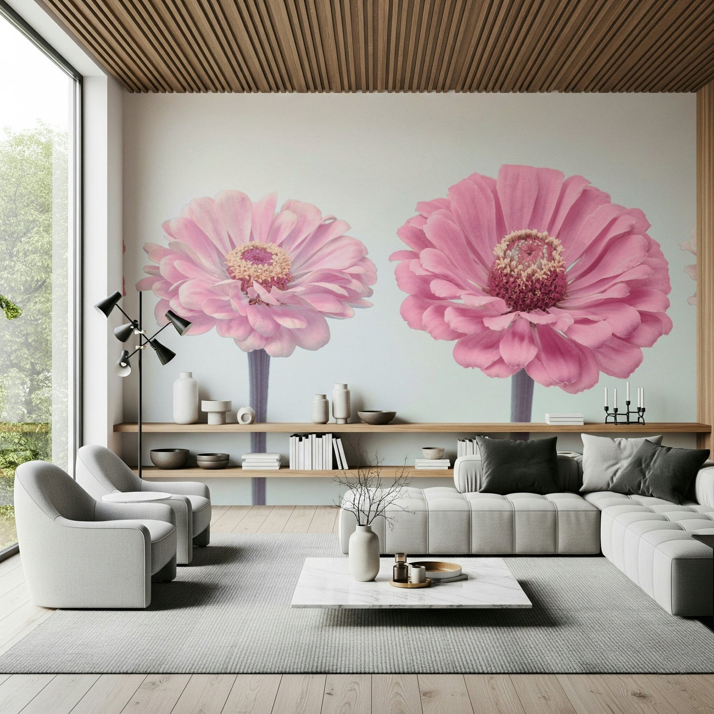 Modern dining area featuring a Zinnia Dream wall mural.