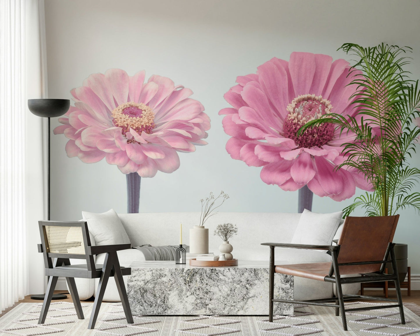 Zinnia Dream wall mural in a bright living room.