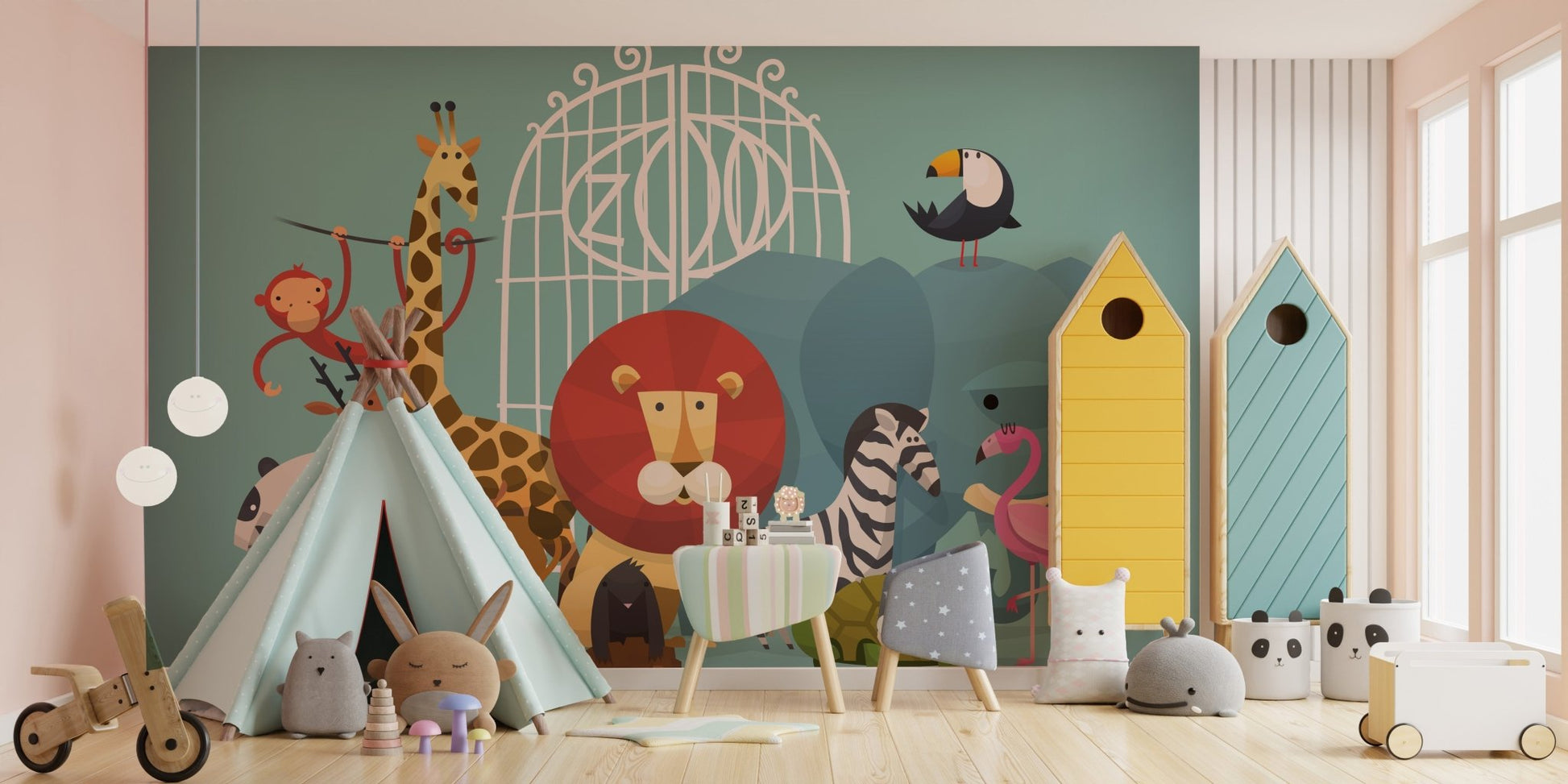 Colorful zoo animals wallpaper mural design A276