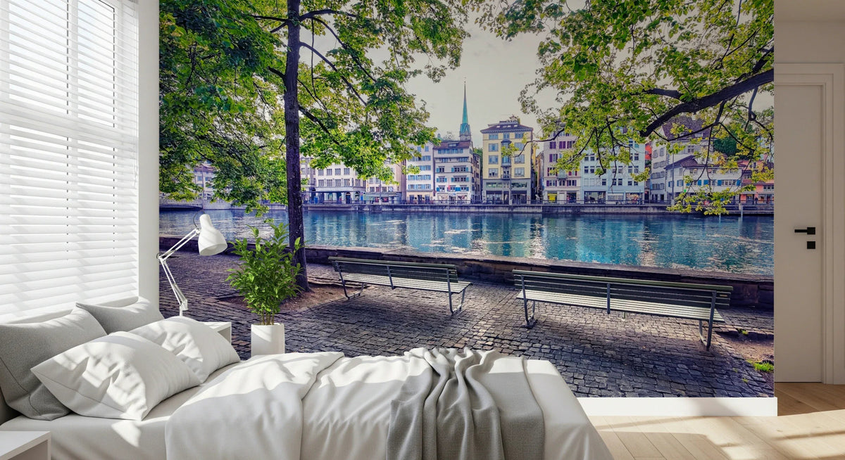 Bedroom with Zurich River Scene wall mural and leafy waterfront view, GD8044